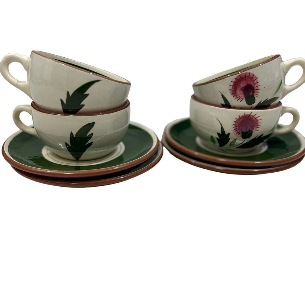 Stangl Pottery Thistle Pink Green 4 Cups Saucers Vintage.